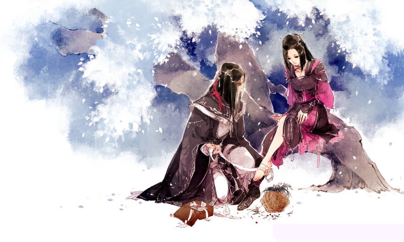 Two Figures in Traditional Clothing — Blue