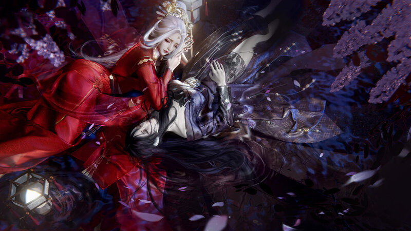 Two Figures in Traditional Clothing — Red, Dramatic