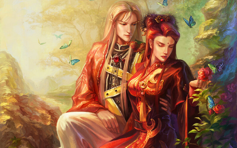 Two Figures in Traditional Clothing — Red
