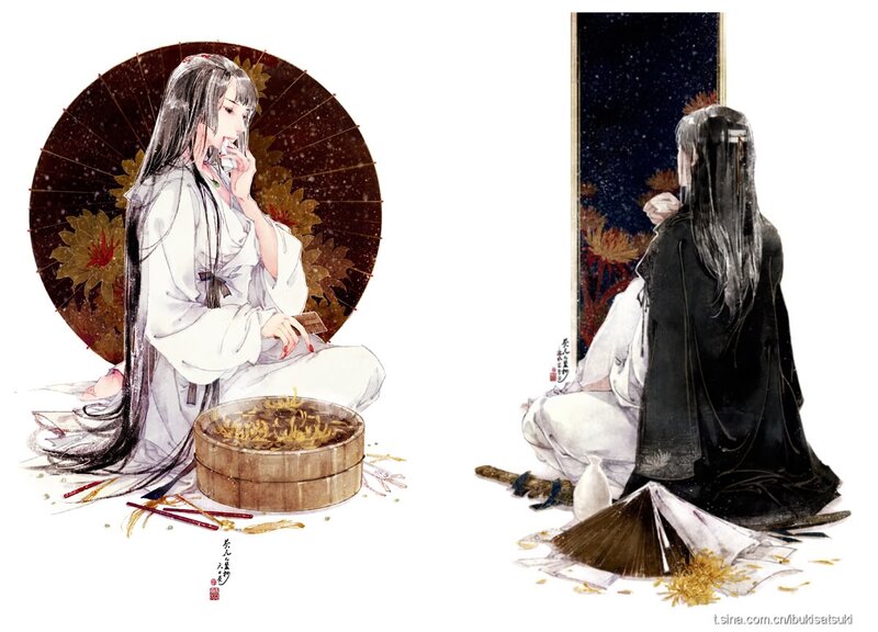 Two Figures in Traditional Clothing — White