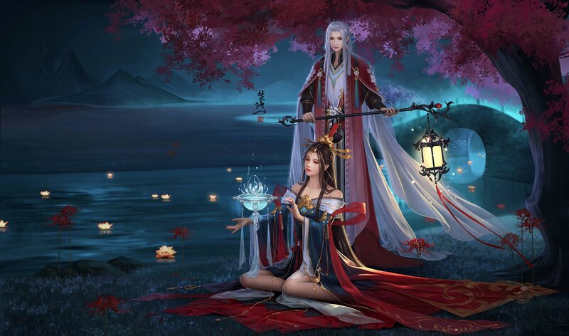 Two Figures in Traditional Robes — Purple