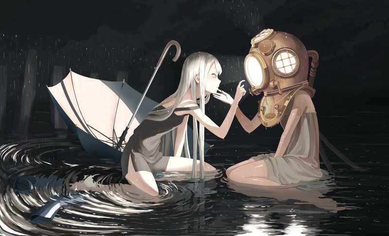 Two Figures in Water — Black, Dramatic