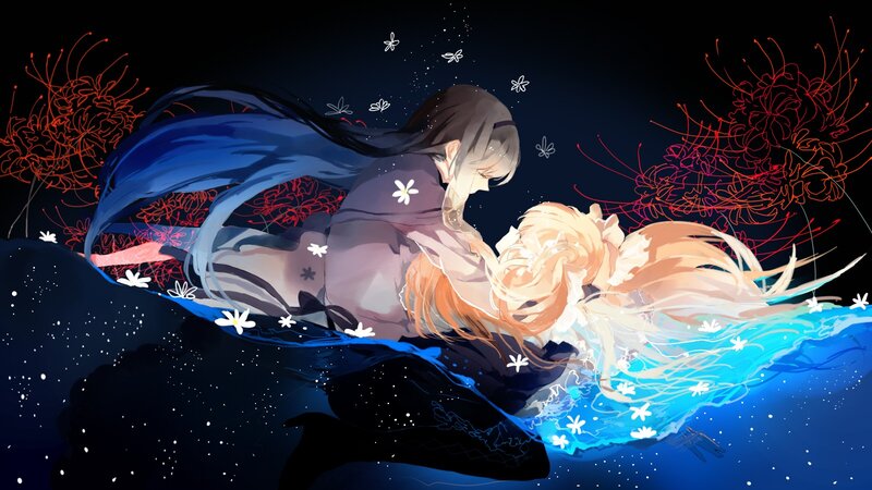 Two Figures in Water — Blue, Serene, Night, Digital Art, Flowers, Butterflies