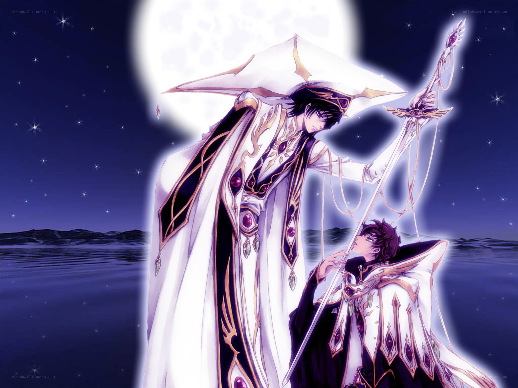 Two figures in white robes under moonlight
