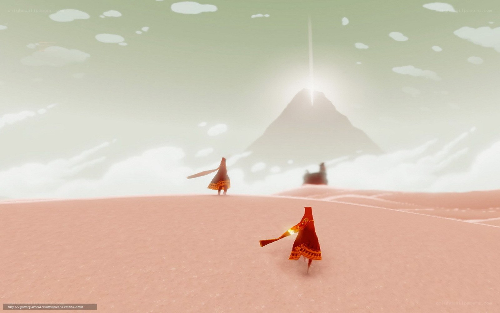 Two figures journeying toward a mountain