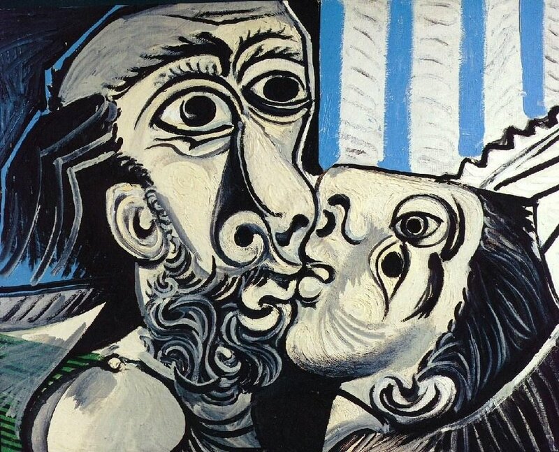 Two figures kissing in a painting