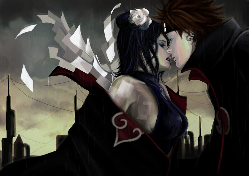 Two Figures Kissing in Rain