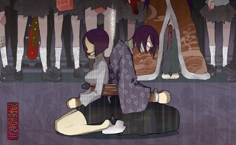 Two figures kneeling in a crowd