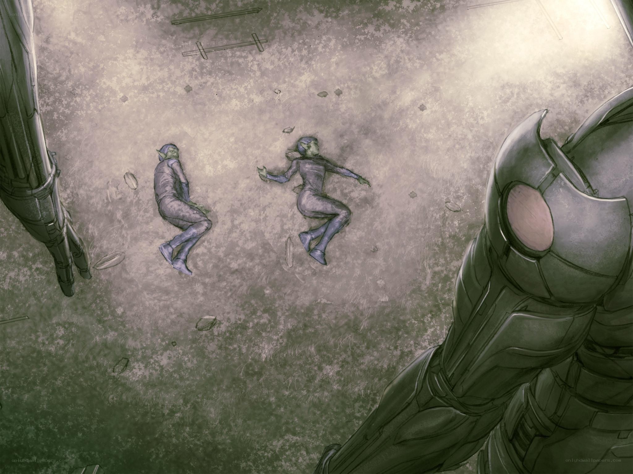 Two figures lie defeated