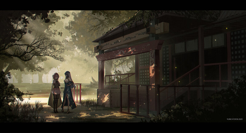 Two Figures Near a Shrine