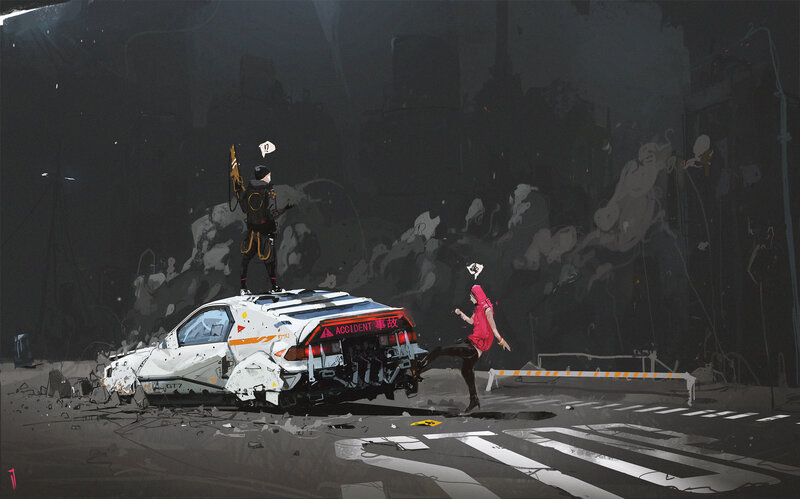 Two Figures Near Crashed Car
