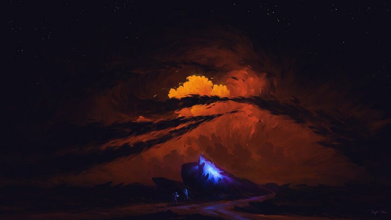 Two Figures Near Glowing Rock