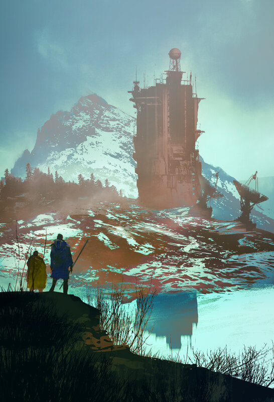 Two Figures Near Tower
