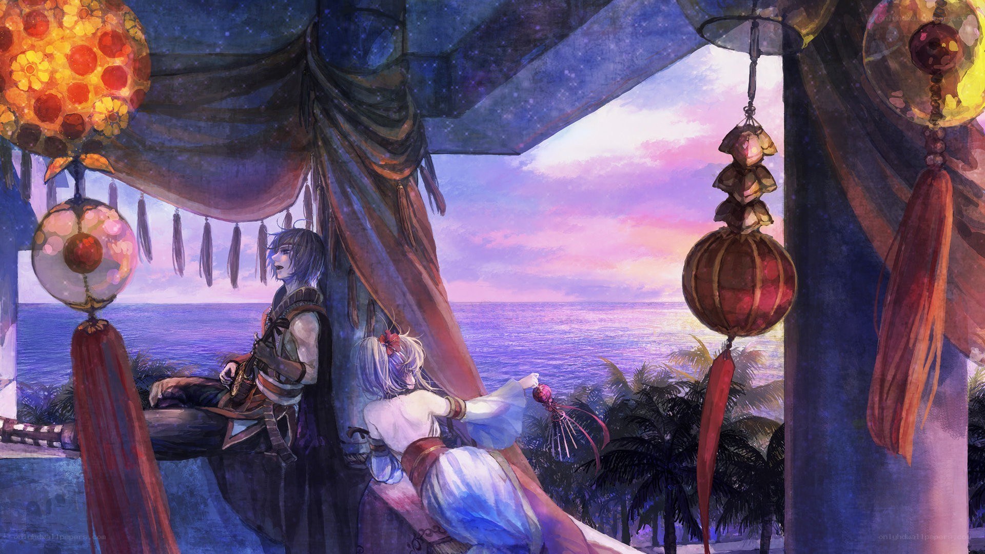 Two figures on a balcony at dusk