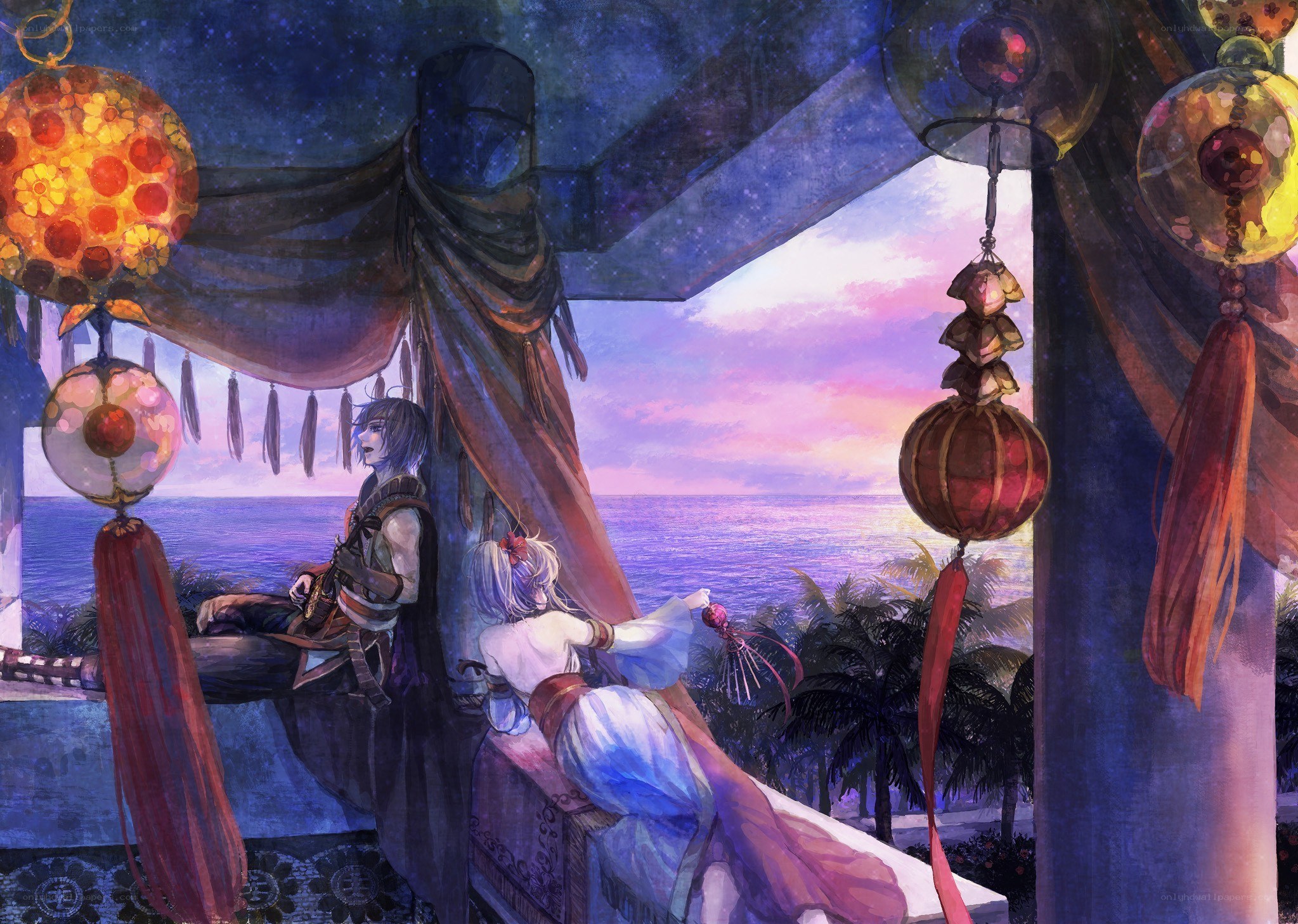 Two figures on a balcony at dusk