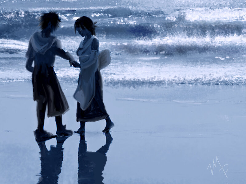 Two figures on a beach