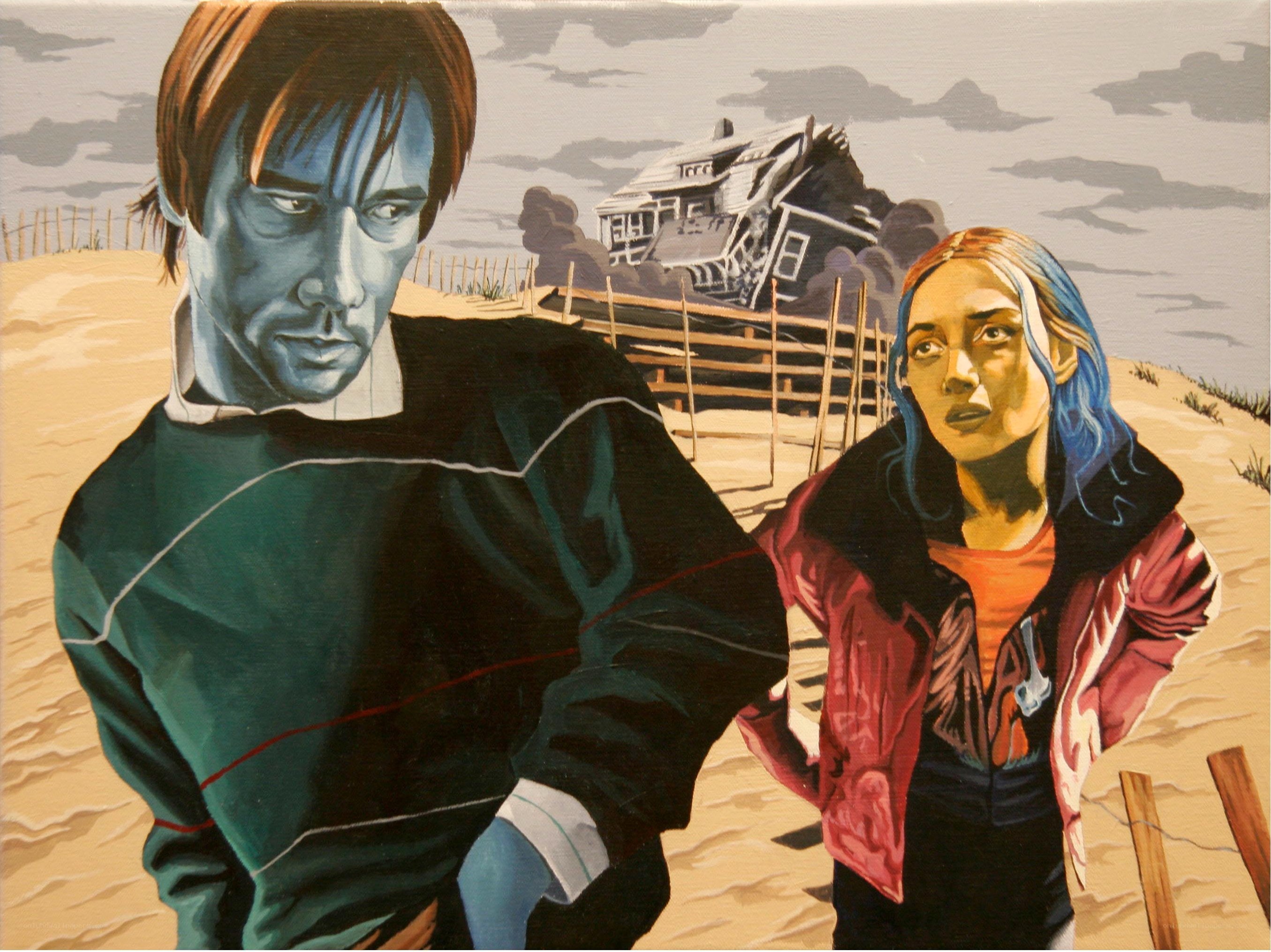 Two figures on a beach with damaged house