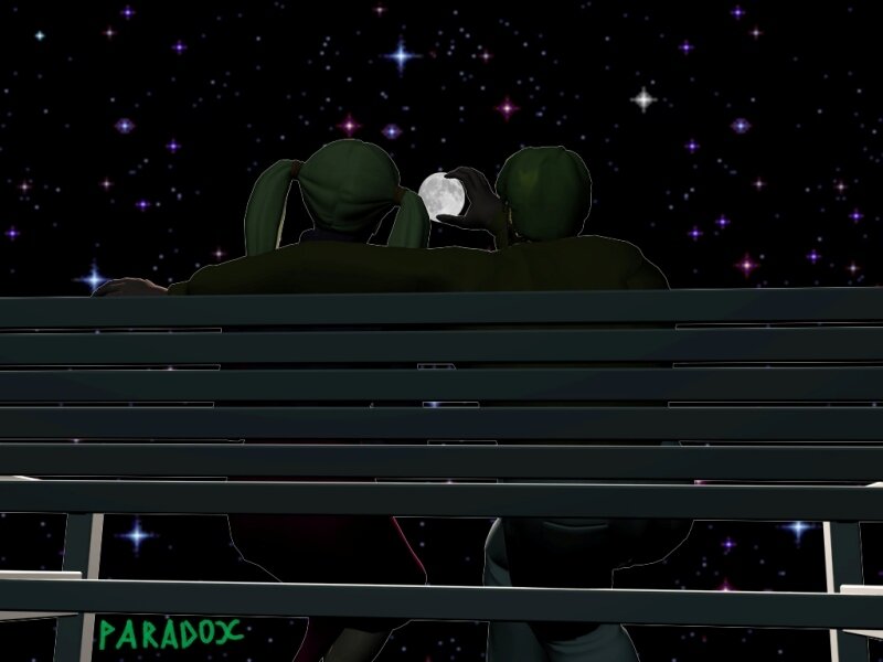 Two figures on a bench under stars