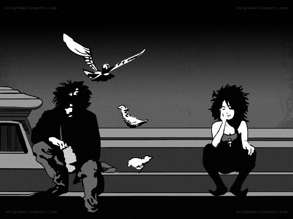 Two figures on a bench with birds