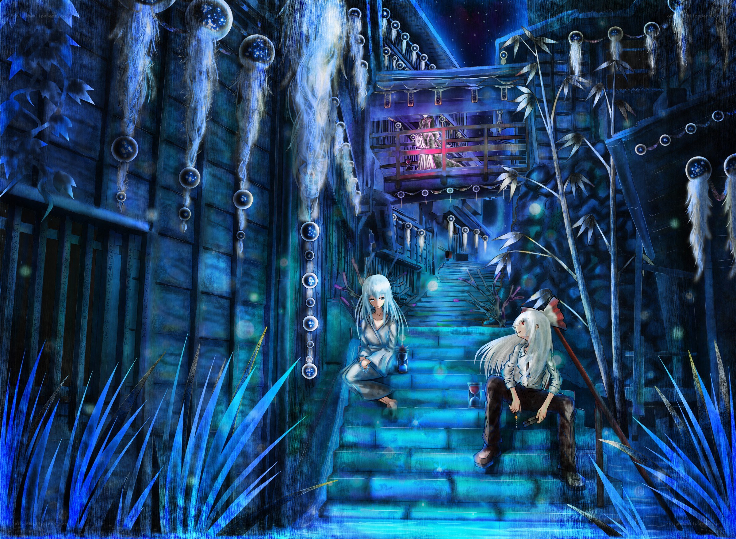 Two figures on a blue-lit staircase