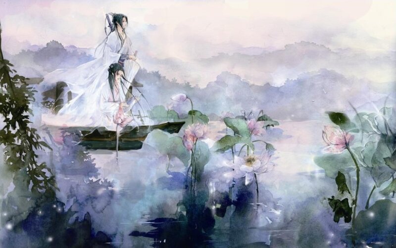 Two figures on a boat in a lotus pond