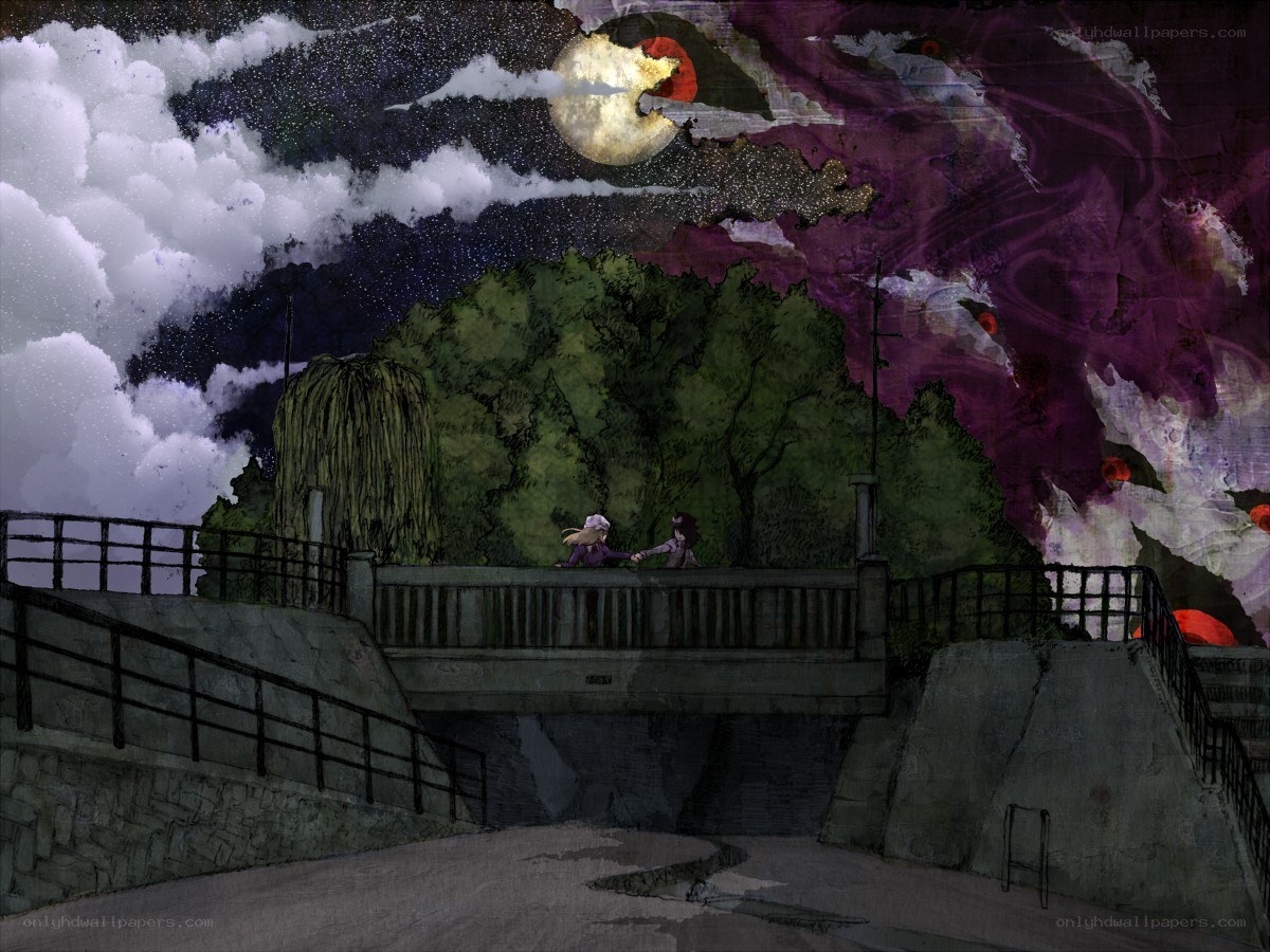 Two figures on a bridge at night