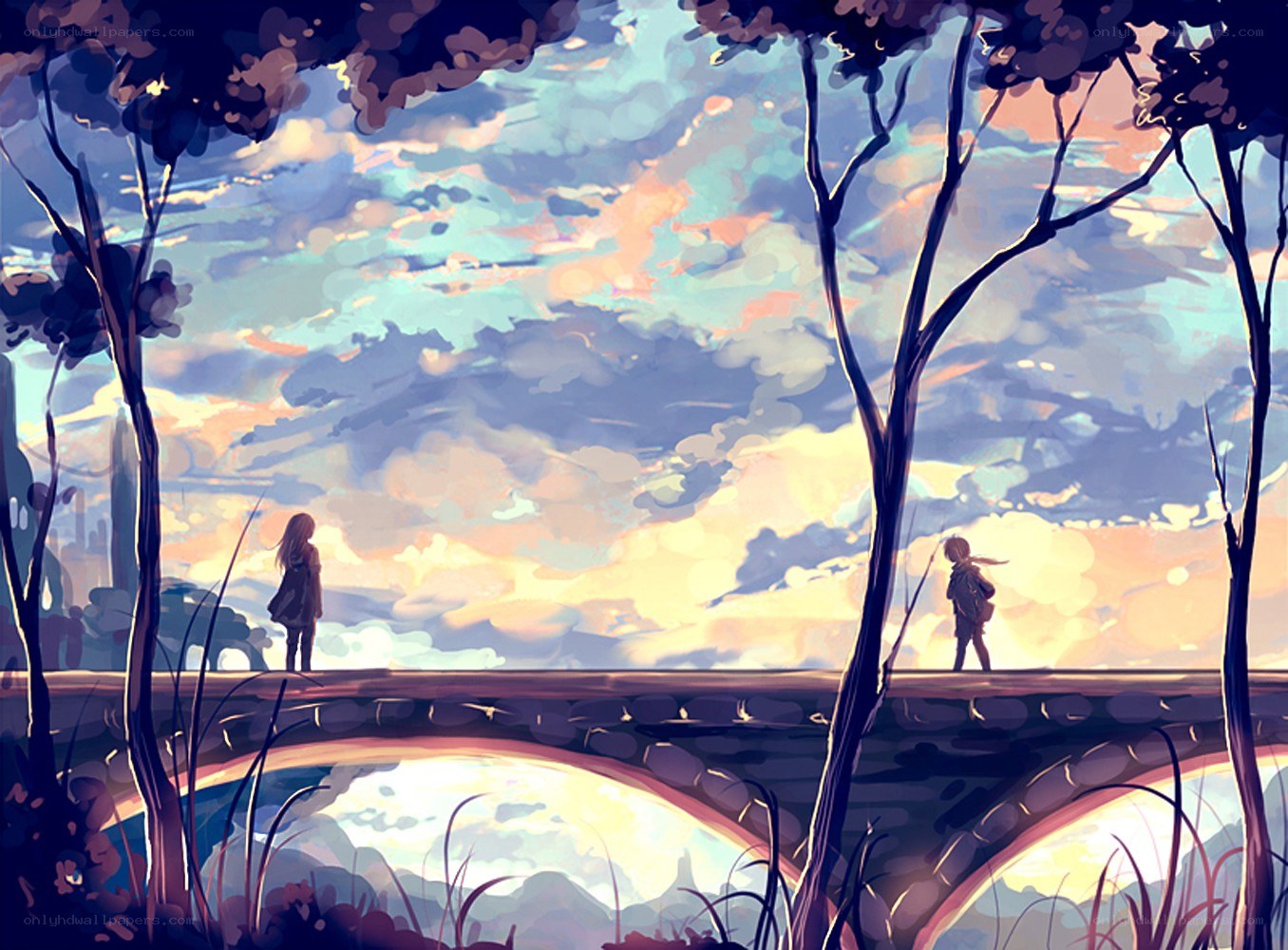 Two figures on a bridge at sunset