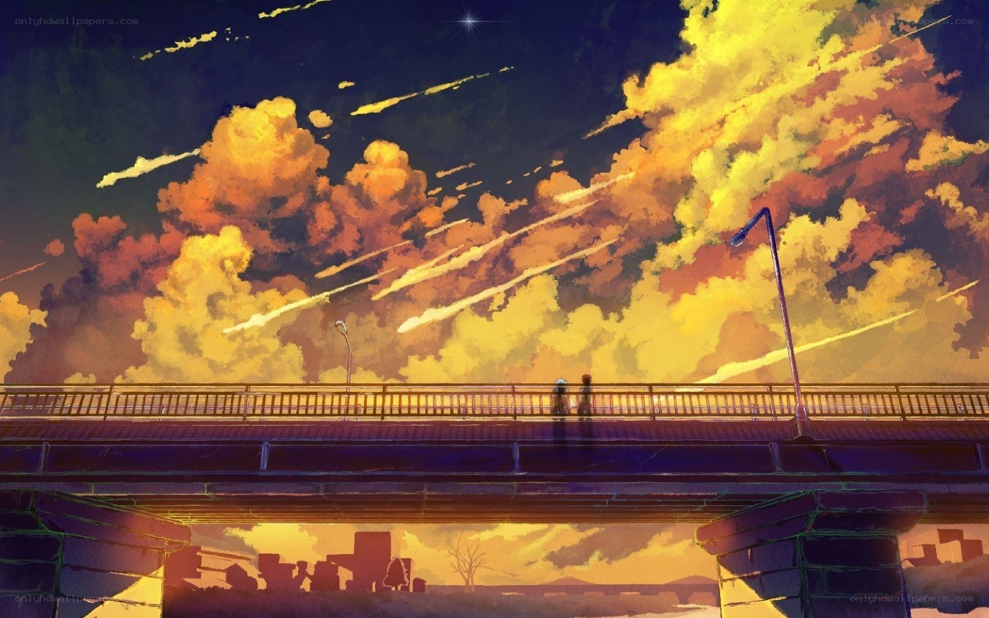 Two figures on a bridge at sunset
