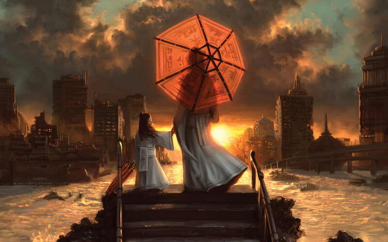 Two figures on a bridge at sunset