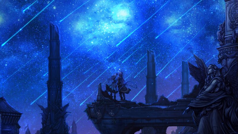 Two Figures on a Bridge — Blue, Dramatic, Night