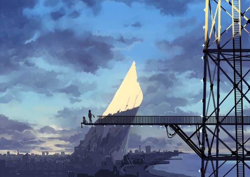 Two Figures on a Bridge — Blue, Dramatic, Sunset