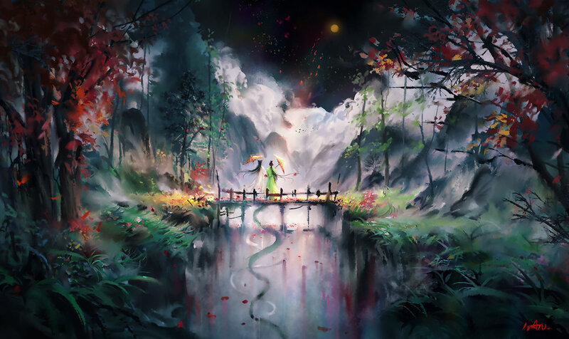 Two Figures on a Bridge — Green, Serene