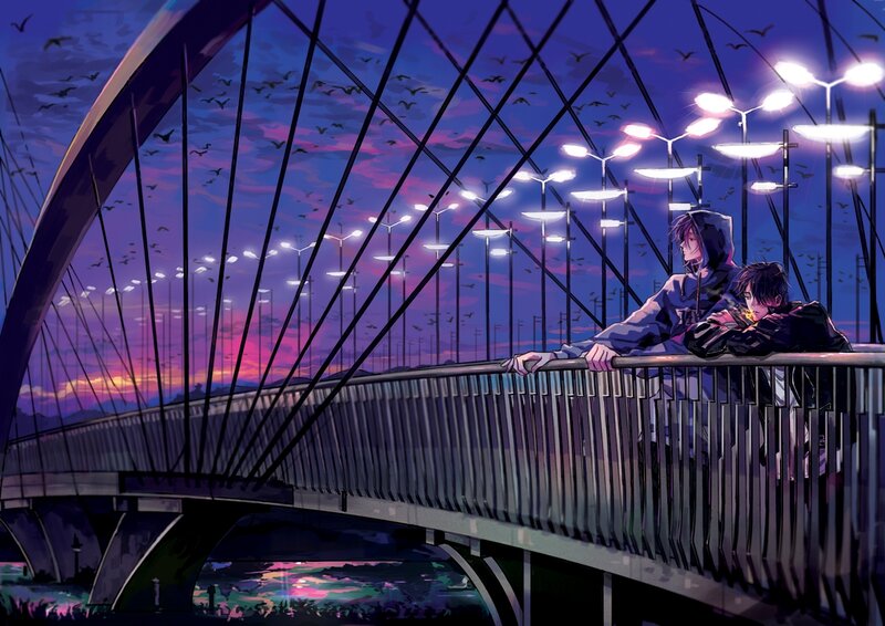 Two Figures on a Bridge — Purple, Dramatic, Sunset, Anime