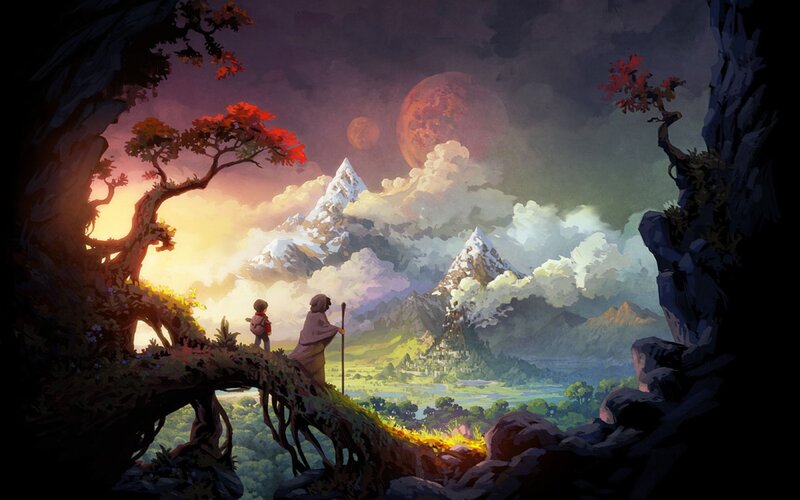 Two Figures on a Bridge — Purple, Dramatic, Sunset, Digital Art, Mountains, Planets