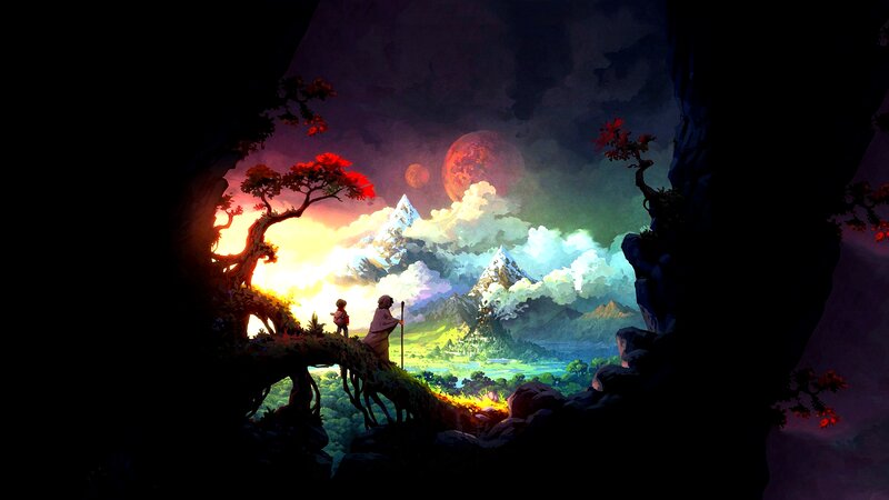 Two Figures on a Bridge — Purple, Dramatic, Sunset, Digital Art, Mountains