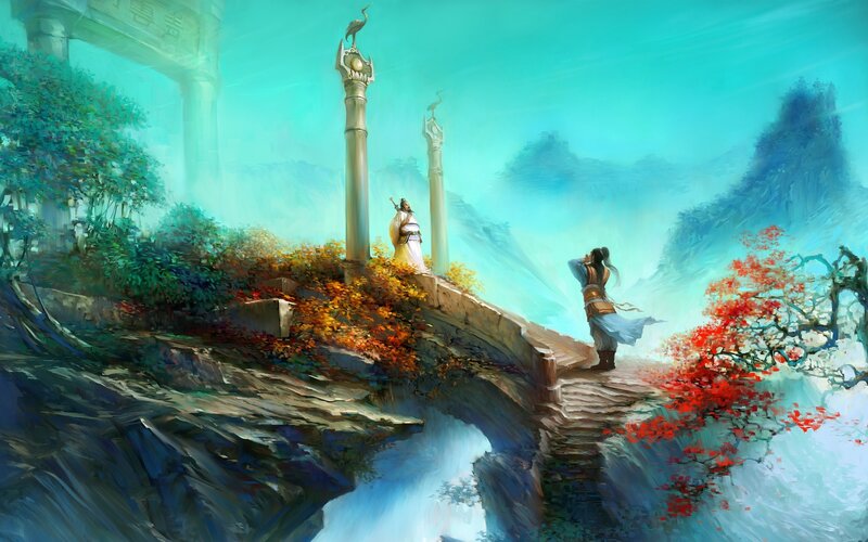 Two Figures on a Bridge — Teal, Serene, Autumn