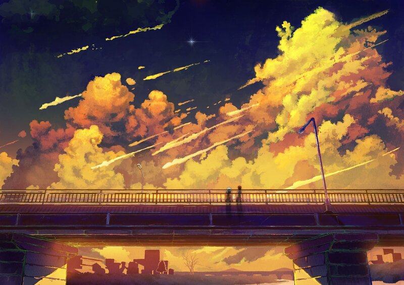 Two Figures on a Bridge — Yellow, Dramatic