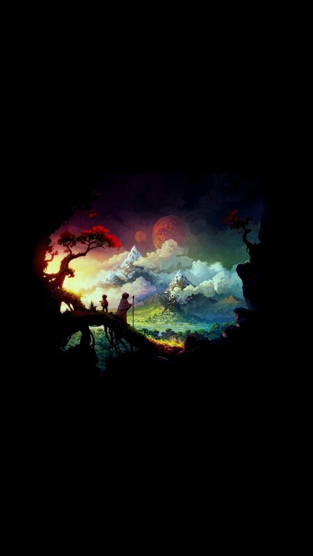 Two Figures on a Cliff — Black, Dramatic, Night, Digital Art