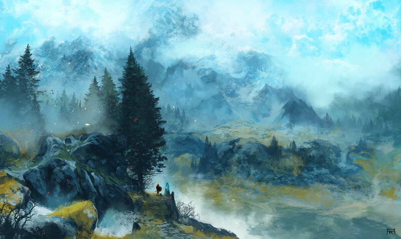 Two Figures on a Cliff — Blue, Dramatic, Digital Art