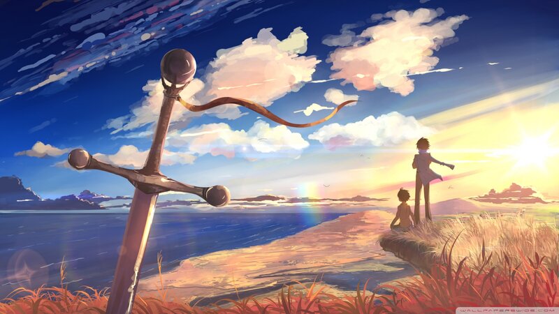 Two Figures on a Cliff — Blue, Serene, Sunrise