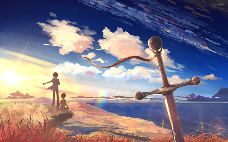 Two Figures on a Cliff — Blue, Serene, Sunset, Anime