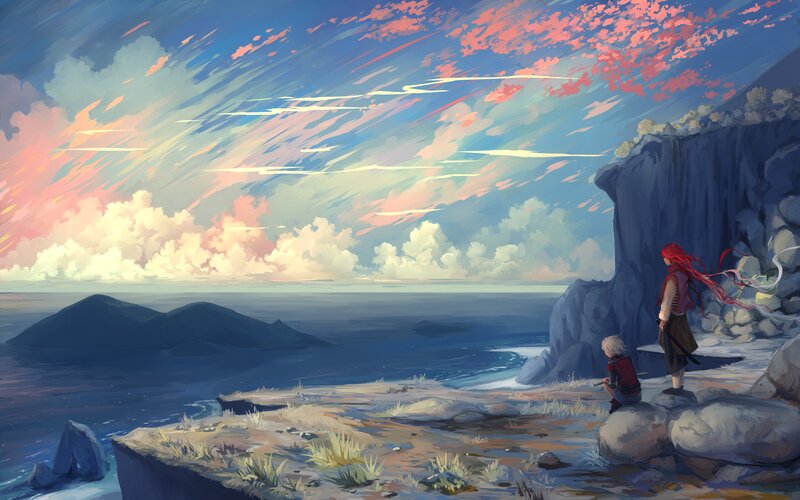 Two Figures on a Cliff — Blue, Serene, Sunset, Digital Art, Ocean, Sky