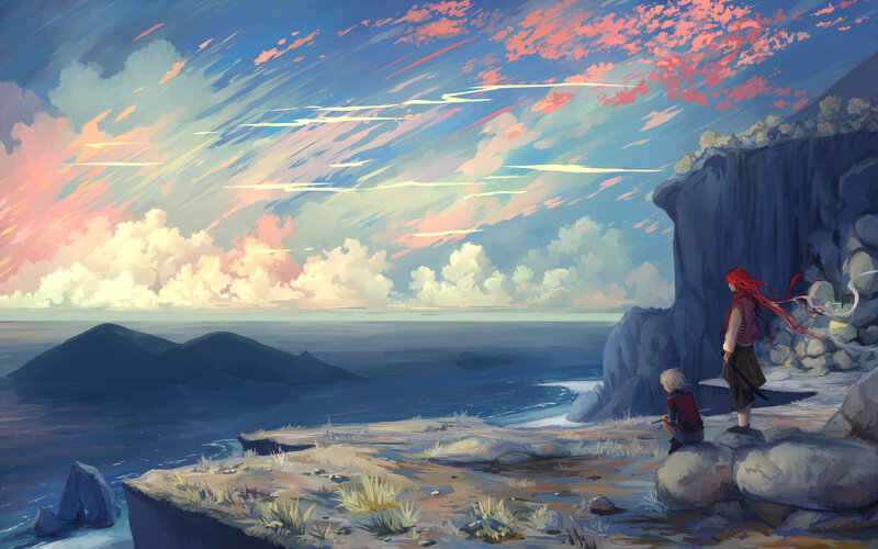 Two Figures on a Cliff — Blue, Serene, Sunset, Digital Art, Ocean