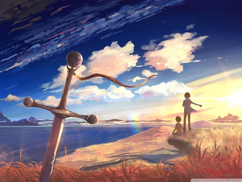 Two Figures on a Cliff — Blue, Serene, Sunset, Digital Art, Sword, Sea, Clouds