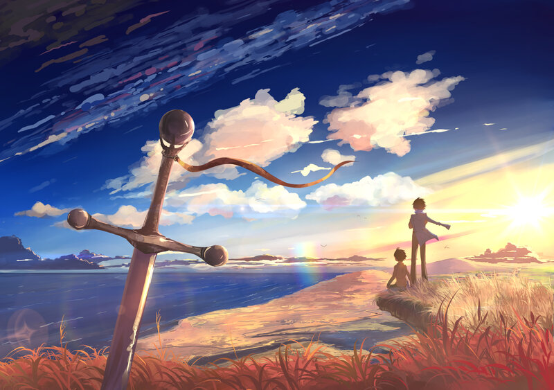 Two Figures on a Cliff — Blue, Serene, Sunset, Digital Art, Sword