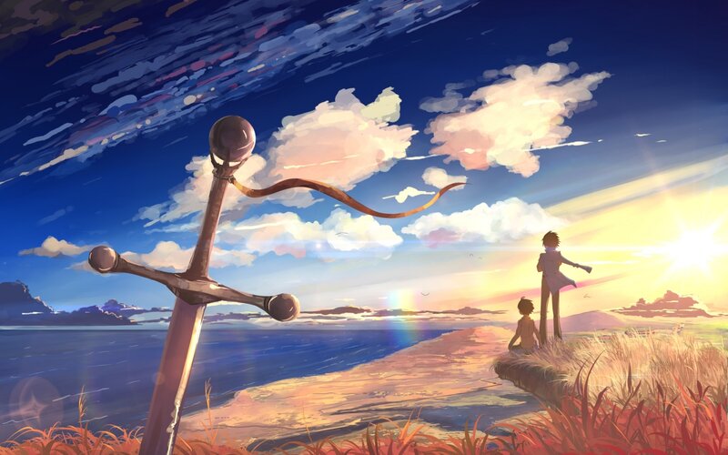Two Figures on a Cliff — Blue, Serene, Sunset, Digital Art
