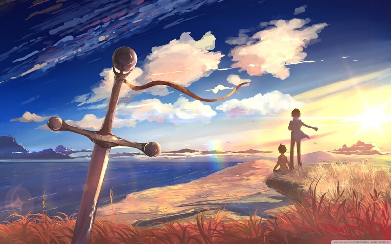 Two Figures on a Cliff — Blue, Serene, Sunset