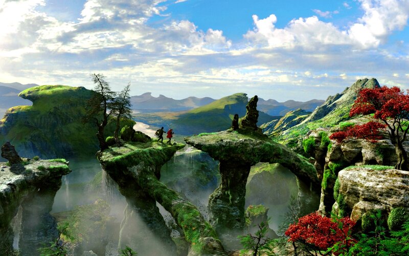 Two Figures on a Cliff — Green, Serene