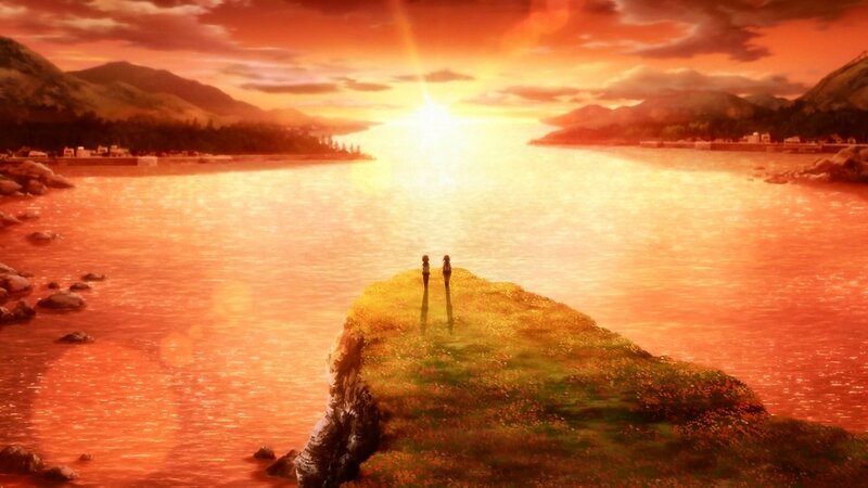 Two Figures on a Cliff — Orange, Dramatic, Sunset, Anime