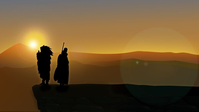 Two Figures on a Cliff — Orange, Serene, Sunrise